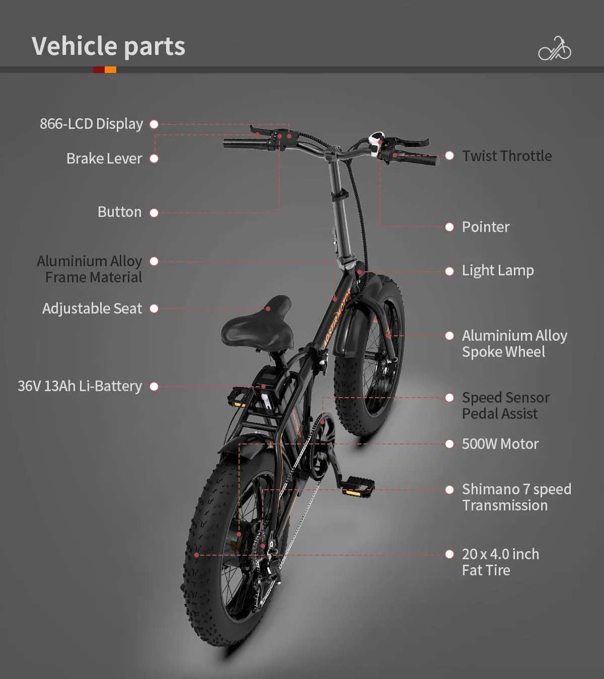 20" Folding Electric Bike Ebike Bicycle 500W Motor Fat Tire With 36V/13Ah Removable Li-Battery