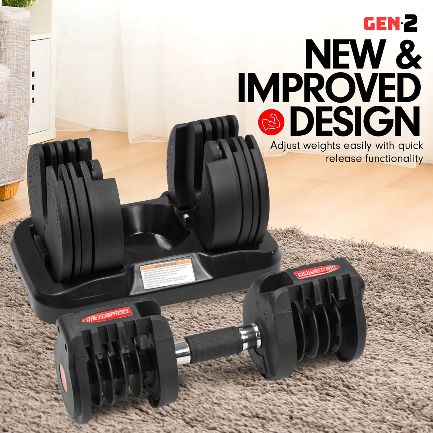 Adjustable 20kg Dumbbell with Holder, 16 Weights - Powertrain