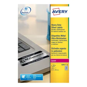 Avery Laser Heavy Duty Label 63.5x29.6mm 27 Per A4 Sheet Silver (Pack 540 Labels) L6011-20