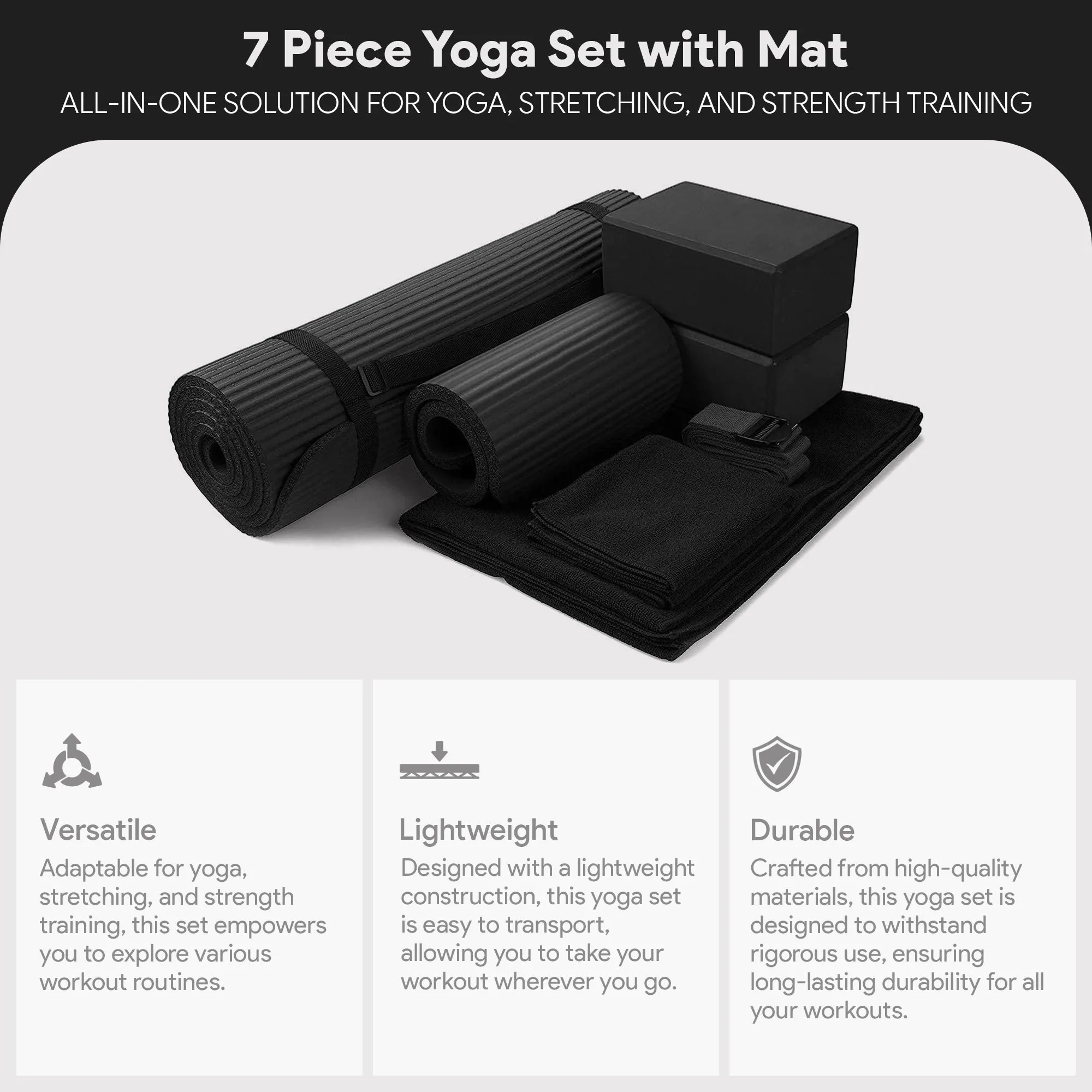 BalanceFrom 7pc Yoga Set w/Mat, Stretch Strap & Knee Pad, Black (Open Box)