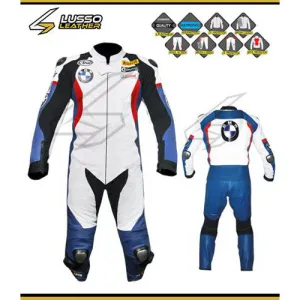 BMW white, red and blue motorcycle leather suit