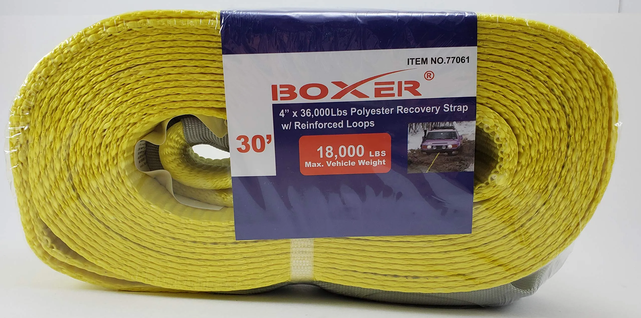 Boxer 4” x 30’ 36000 lbs Polyester Recovery Strap w/Reinforced Loops, 77061