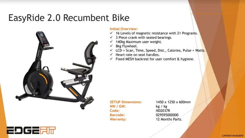 EASYRIDE 2.0 PROGRAMMABLE RECUMBENT BIKE