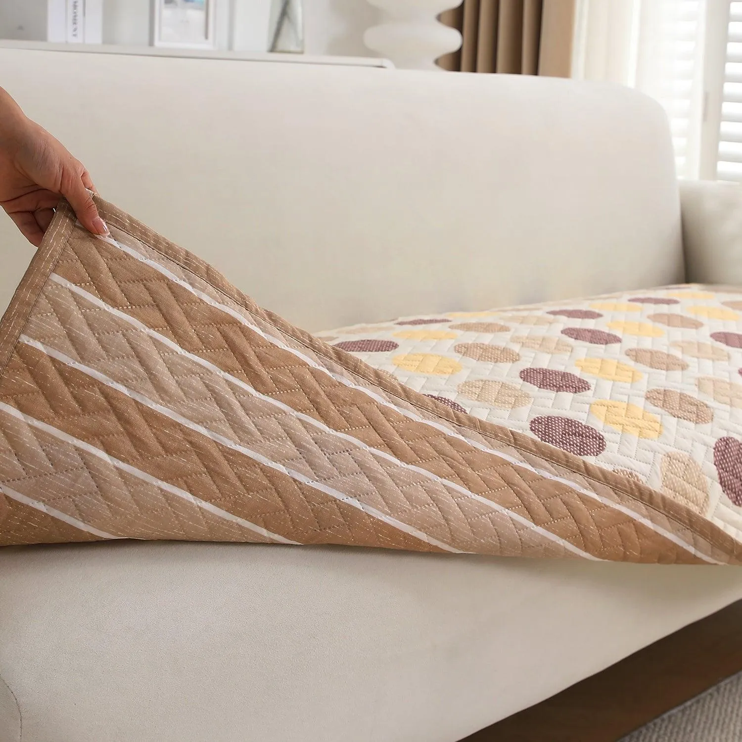 HOKIPO Printed Quilted Sofa Cover L Shape, Brown Polka Dot