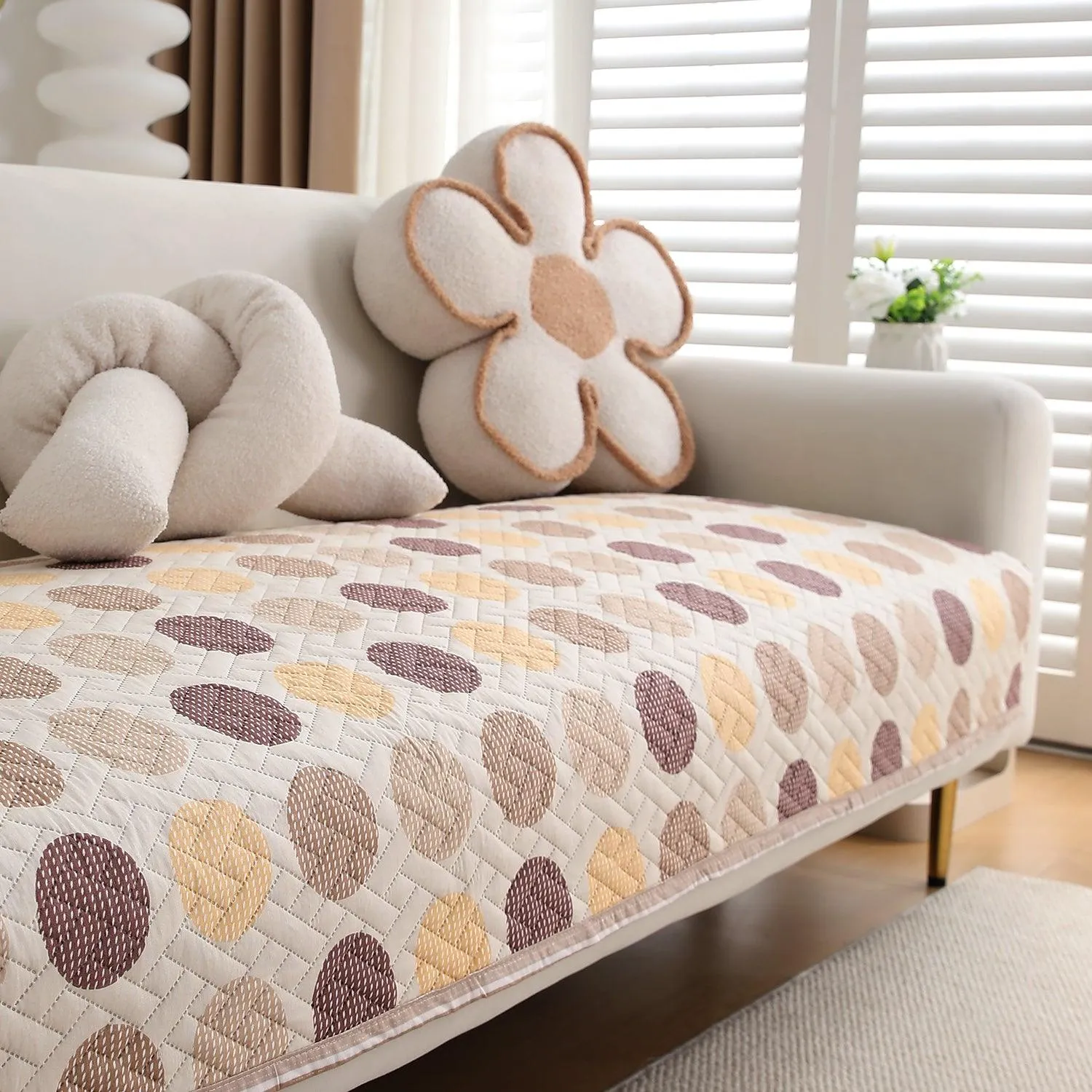 HOKIPO Printed Quilted Sofa Cover L Shape, Brown Polka Dot