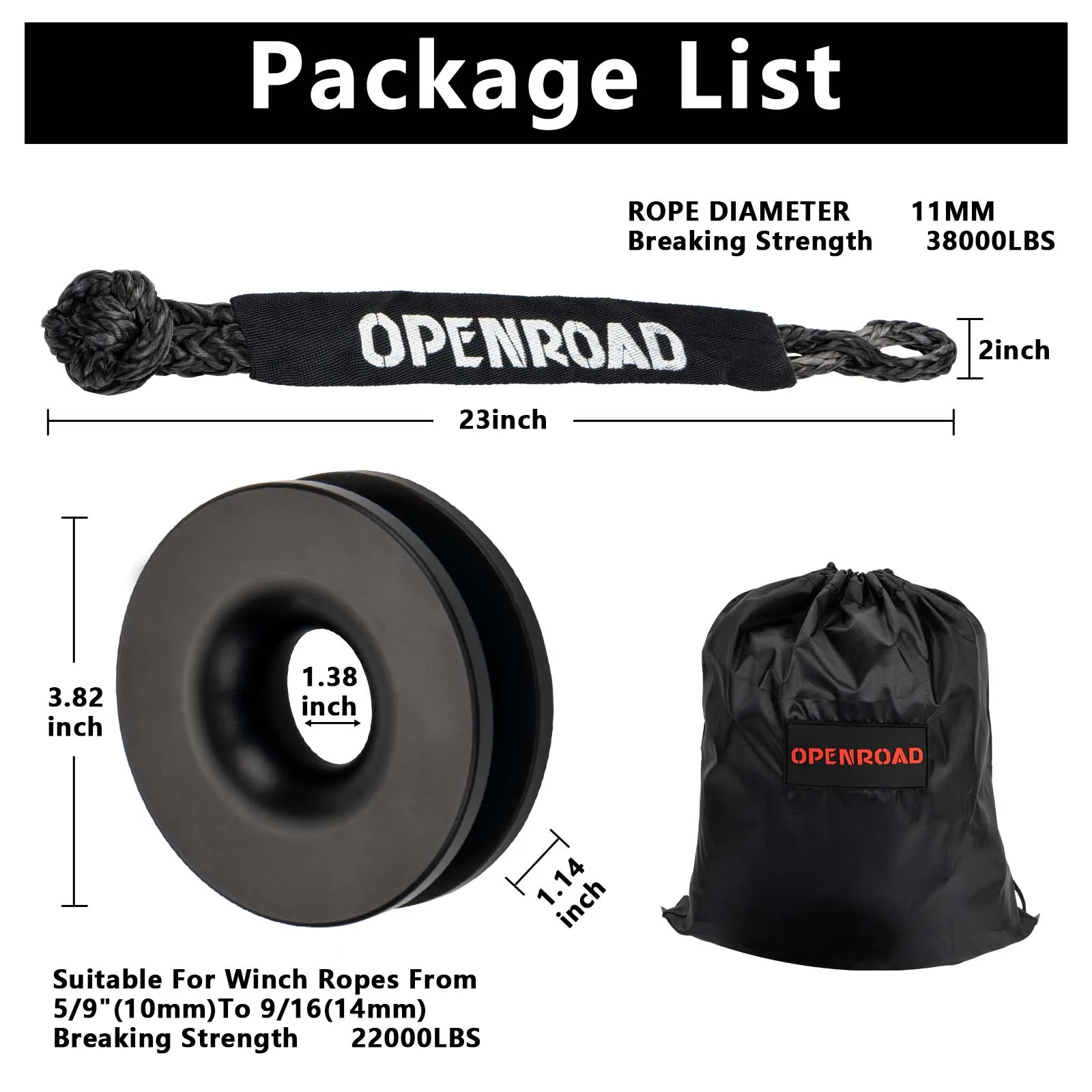 OPENROAD Soft Shackle Synthetic Rope 37000lbs with Recovery Snatch Ring Protective Sleeve