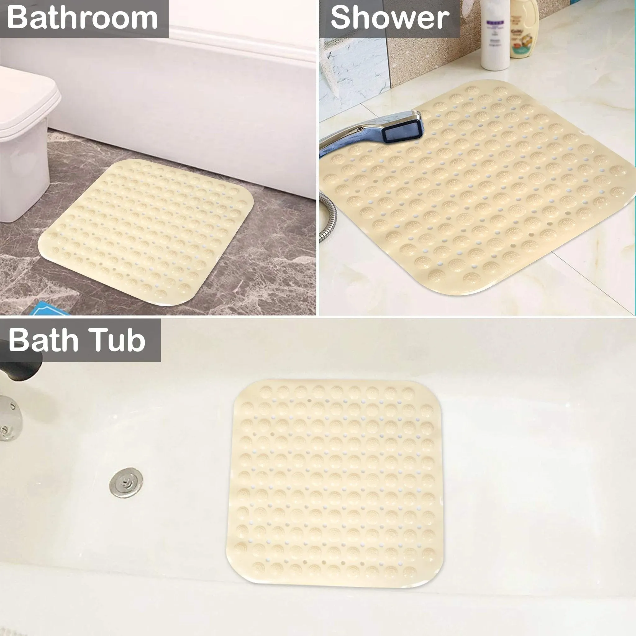 PVC Shower Mat Anti-Slip with Massage Acupressure Points, 48x48 cm, Beige