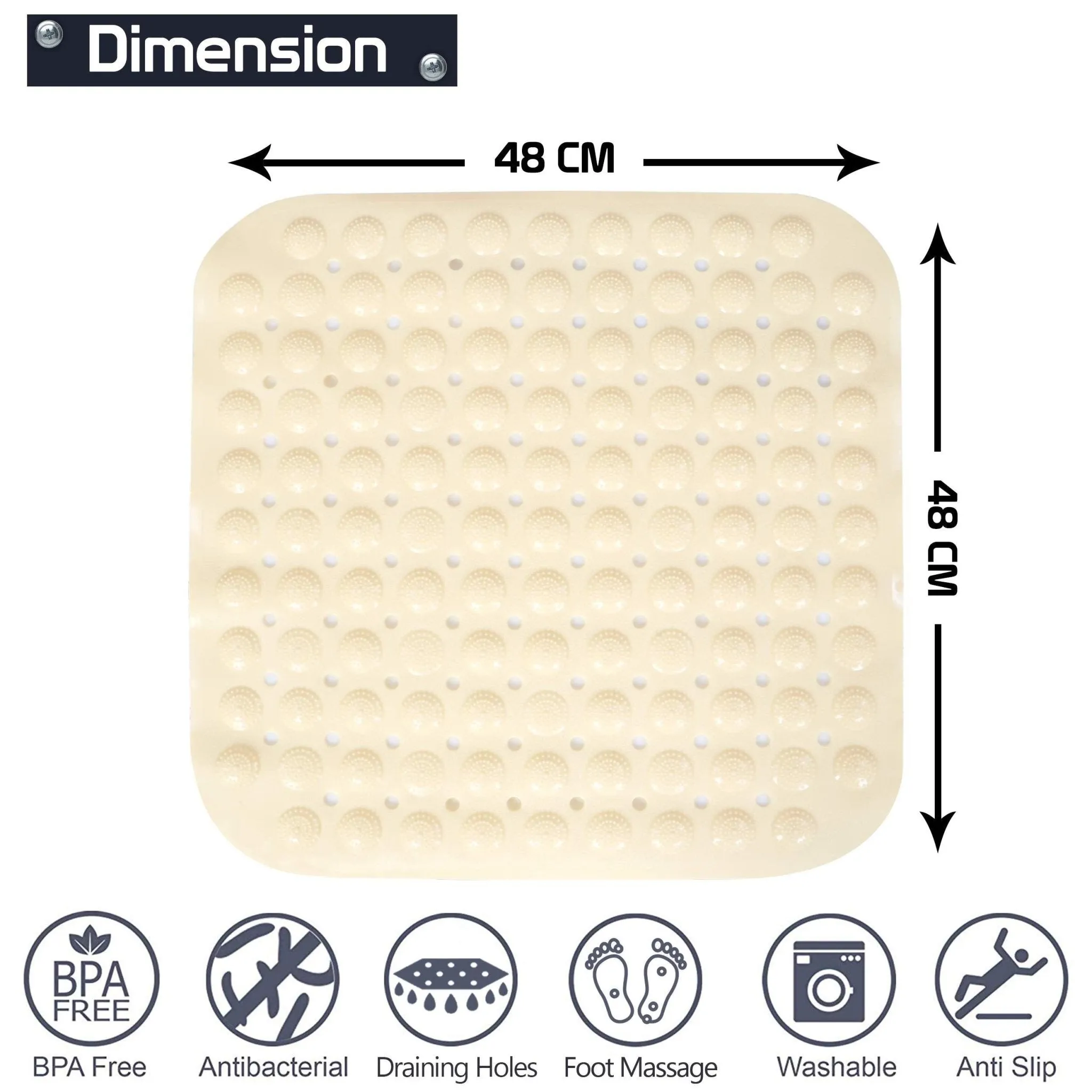 PVC Shower Mat Anti-Slip with Massage Acupressure Points, 48x48 cm, Beige