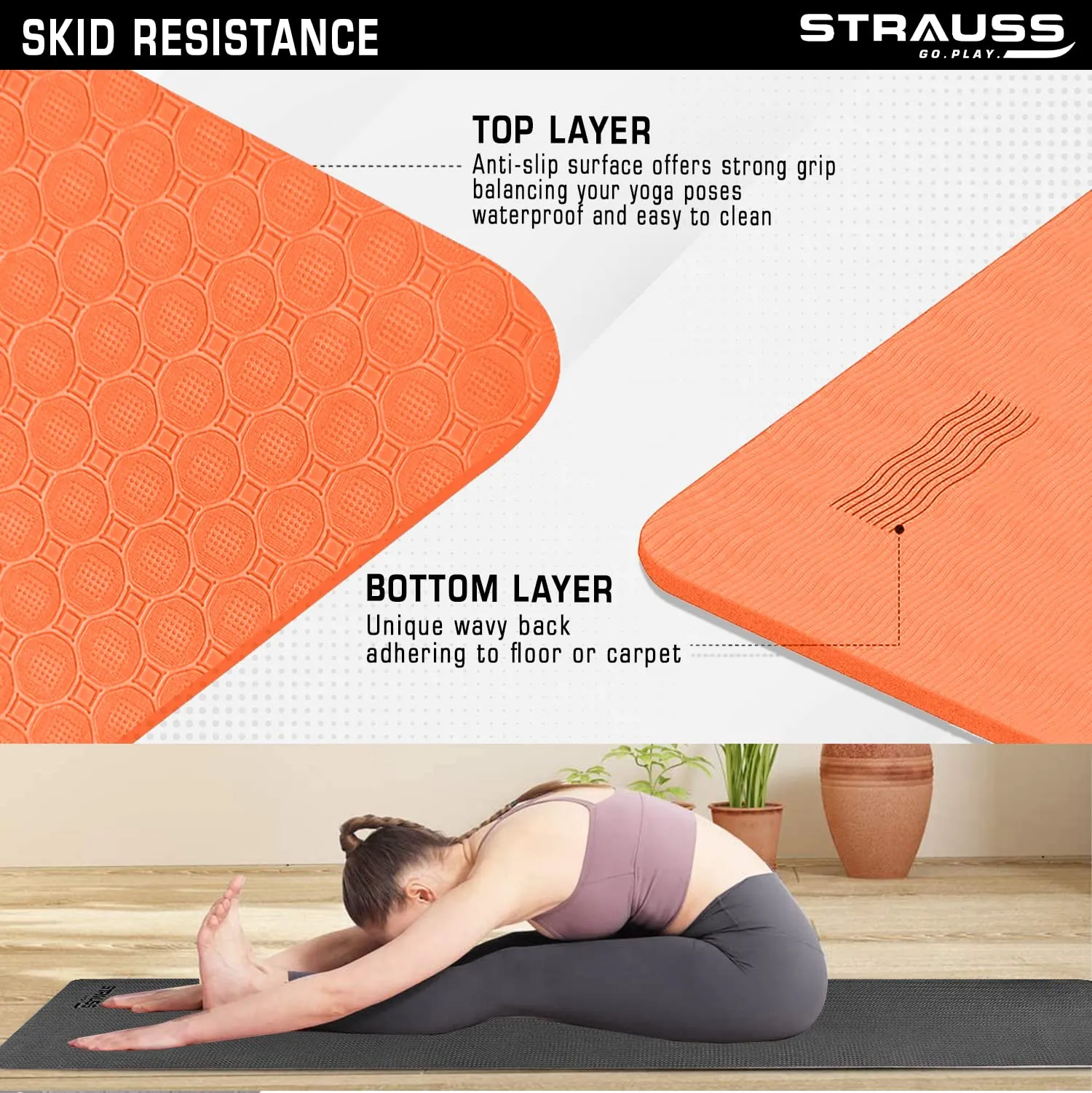 Strauss Anti Skid TPE Yoga Mat with Carry Bag, 6mm, (Orange)