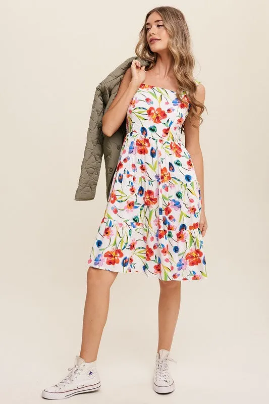 Vienne Flower Print Square Neck Dress