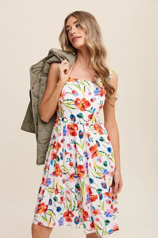 Vienne Flower Print Square Neck Dress