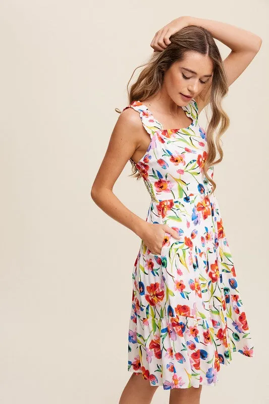 Vienne Flower Print Square Neck Dress